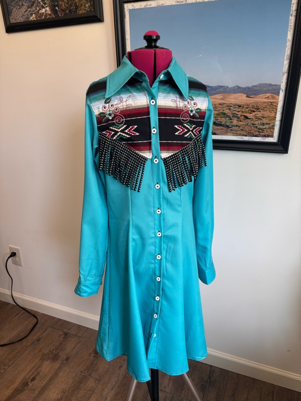 Turquoise Western Fringe Shirt Dress with Aztec Yoke